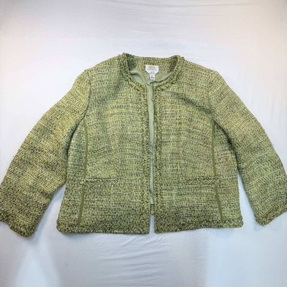 Talbots Woman Petites 18W Green Tweed Boucle Blazer Italian Fabric Fringe
